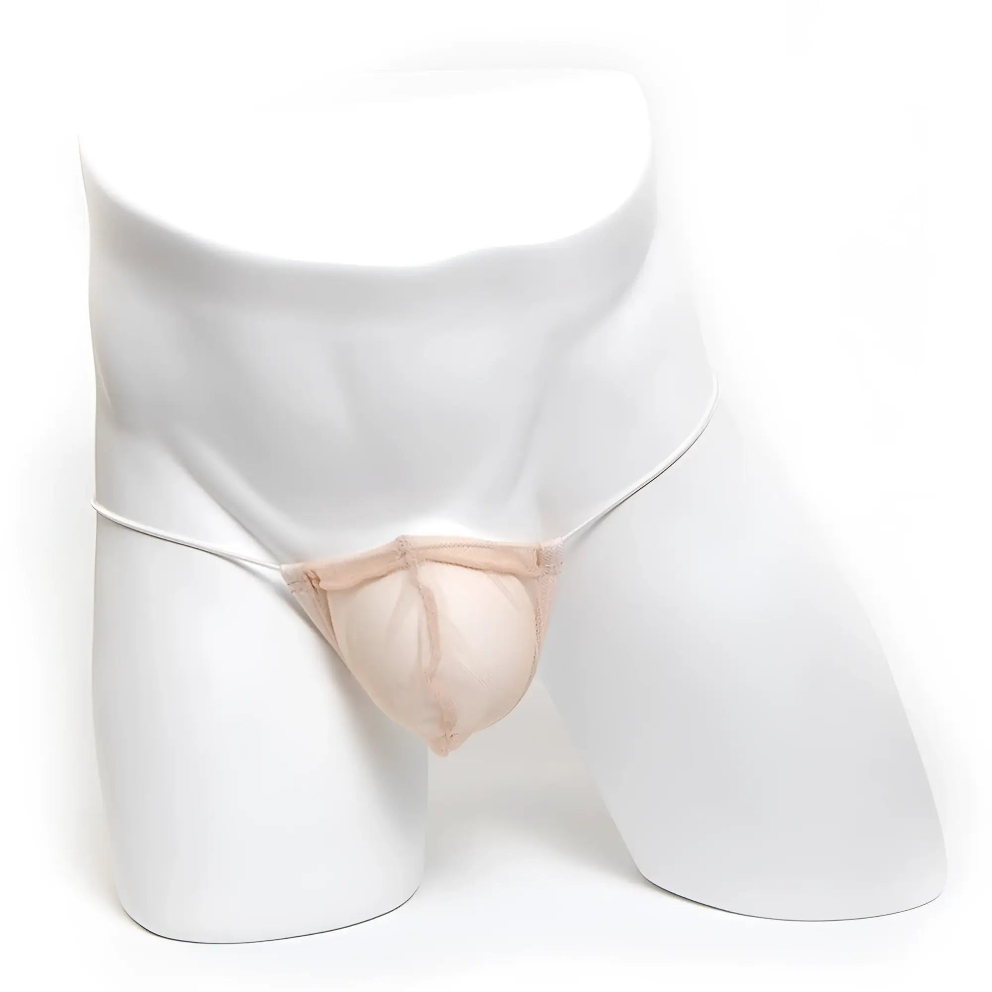 Beige mesh thong with thin white elastic straps microfiber material from metromalewear nude 2015-01 collection
