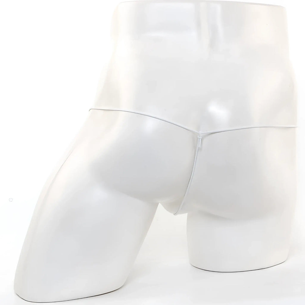White glossy mannequin torso wearing MetroMaleWear microfiber white briefs with front zipper detail