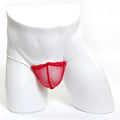 Red mesh thong with thin white elastic waistband made of microfiber from MetroMaleWear G RED Mesh 2015-49 collection