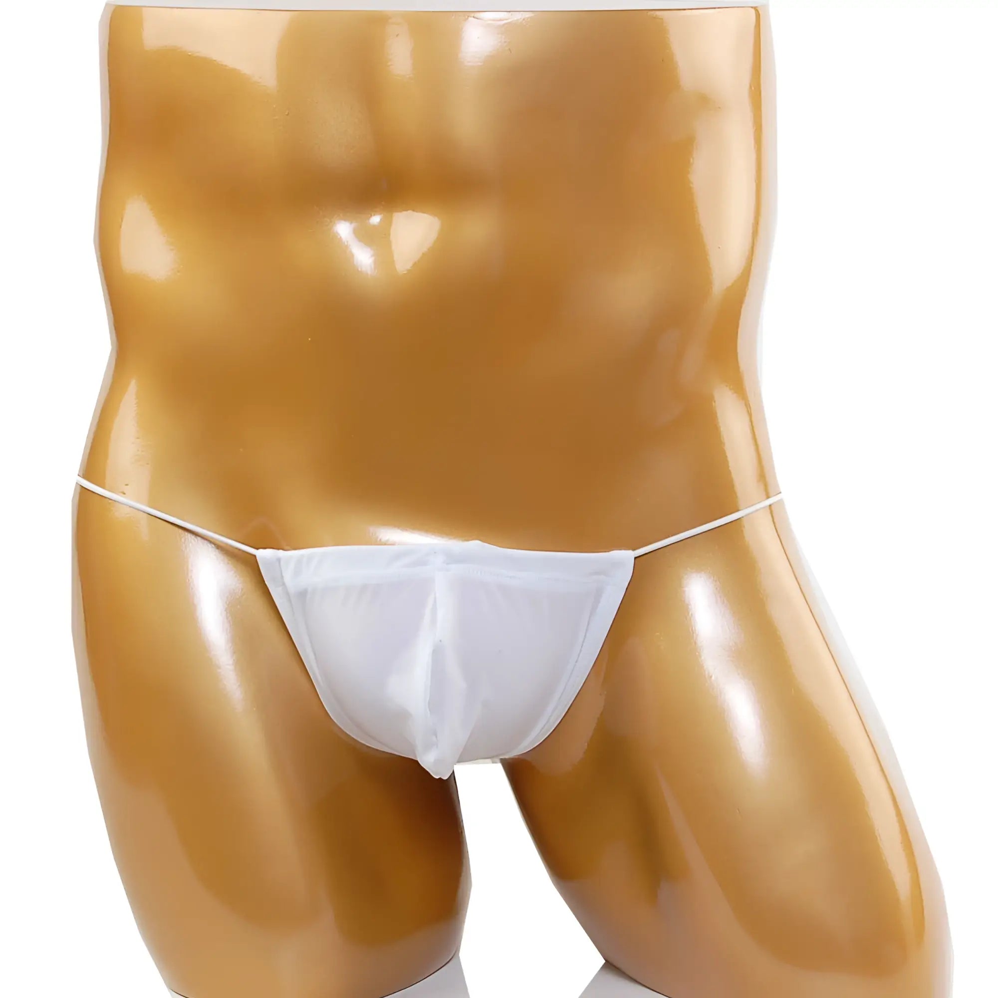 White sheer mesh microfiber thong by metromalewear displayed on a mannequin front view