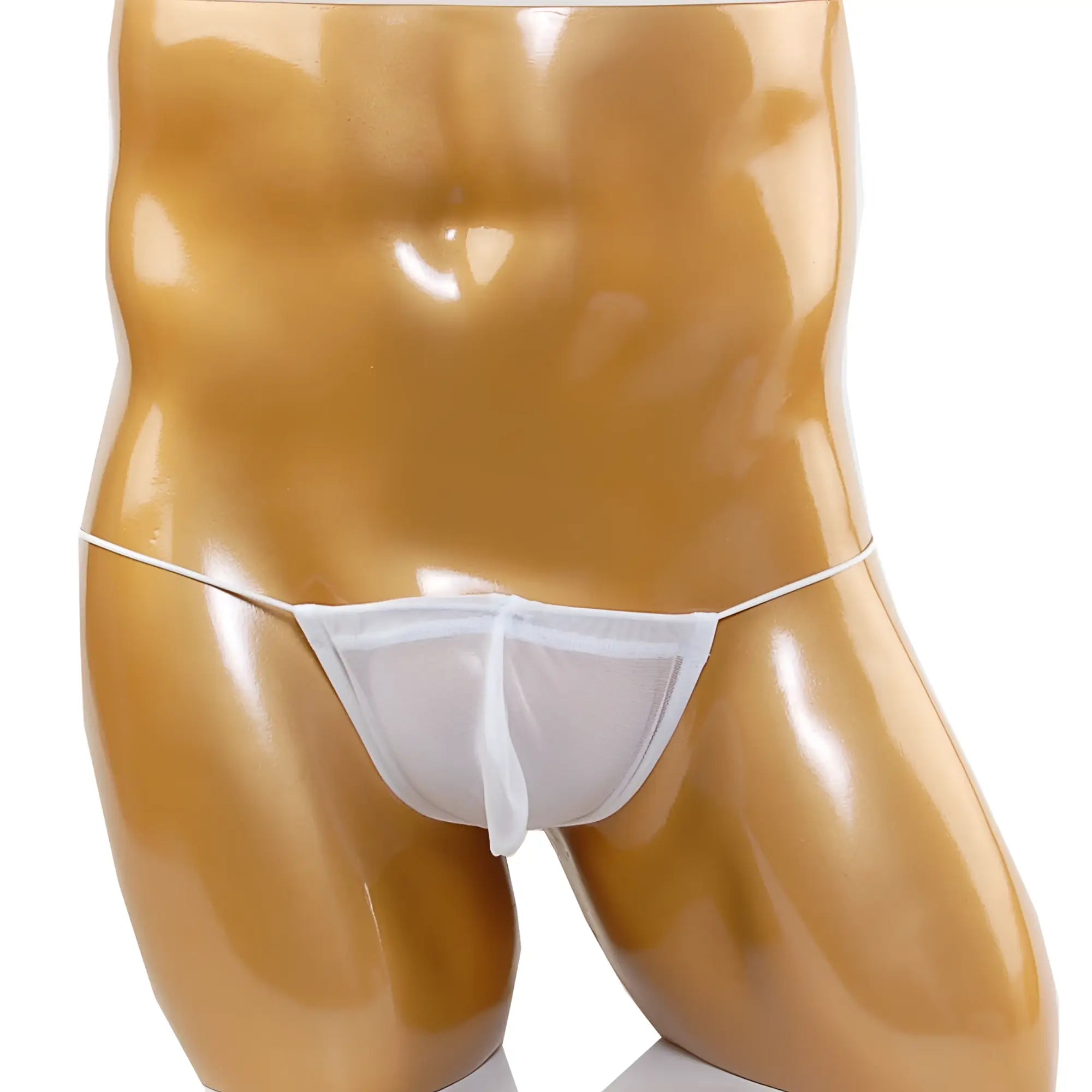 White sheer mesh thong with thin waistband and small front panel made of microfiber by metromalewear