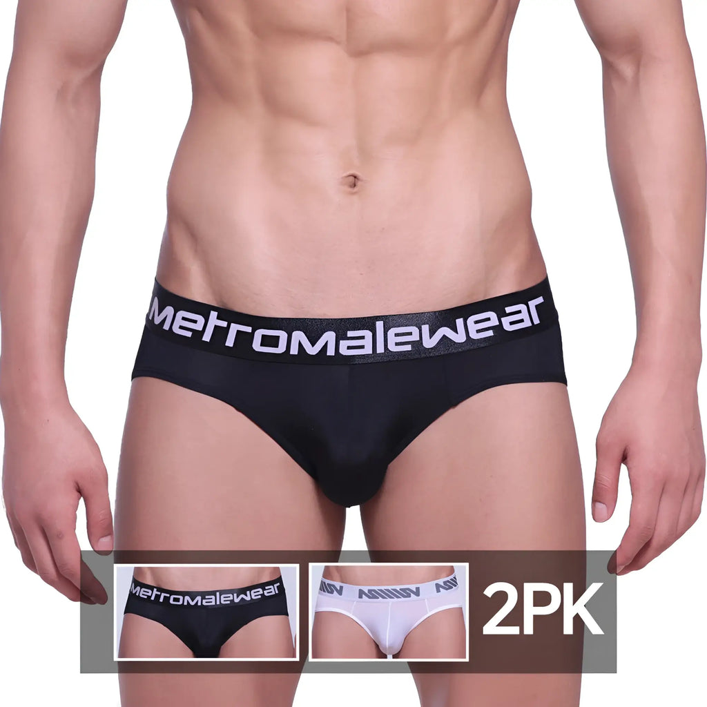 Black microfiber hip briefs with white metromalewear logo on waistband two pack for comfortable everyday wear