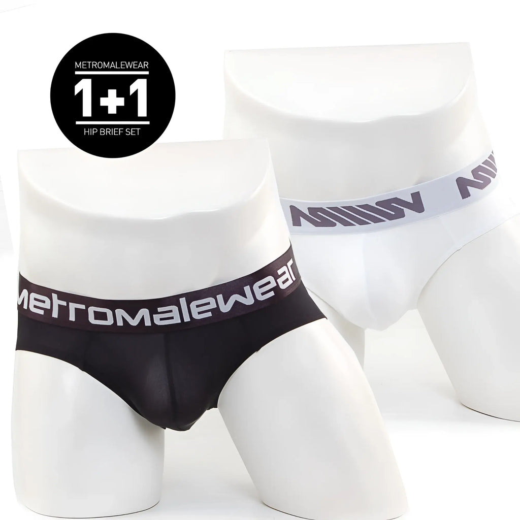 Black and white MetroMaleWear microfiber hip briefs with branded elastic waistbands front view 2 pack 5003-2PK