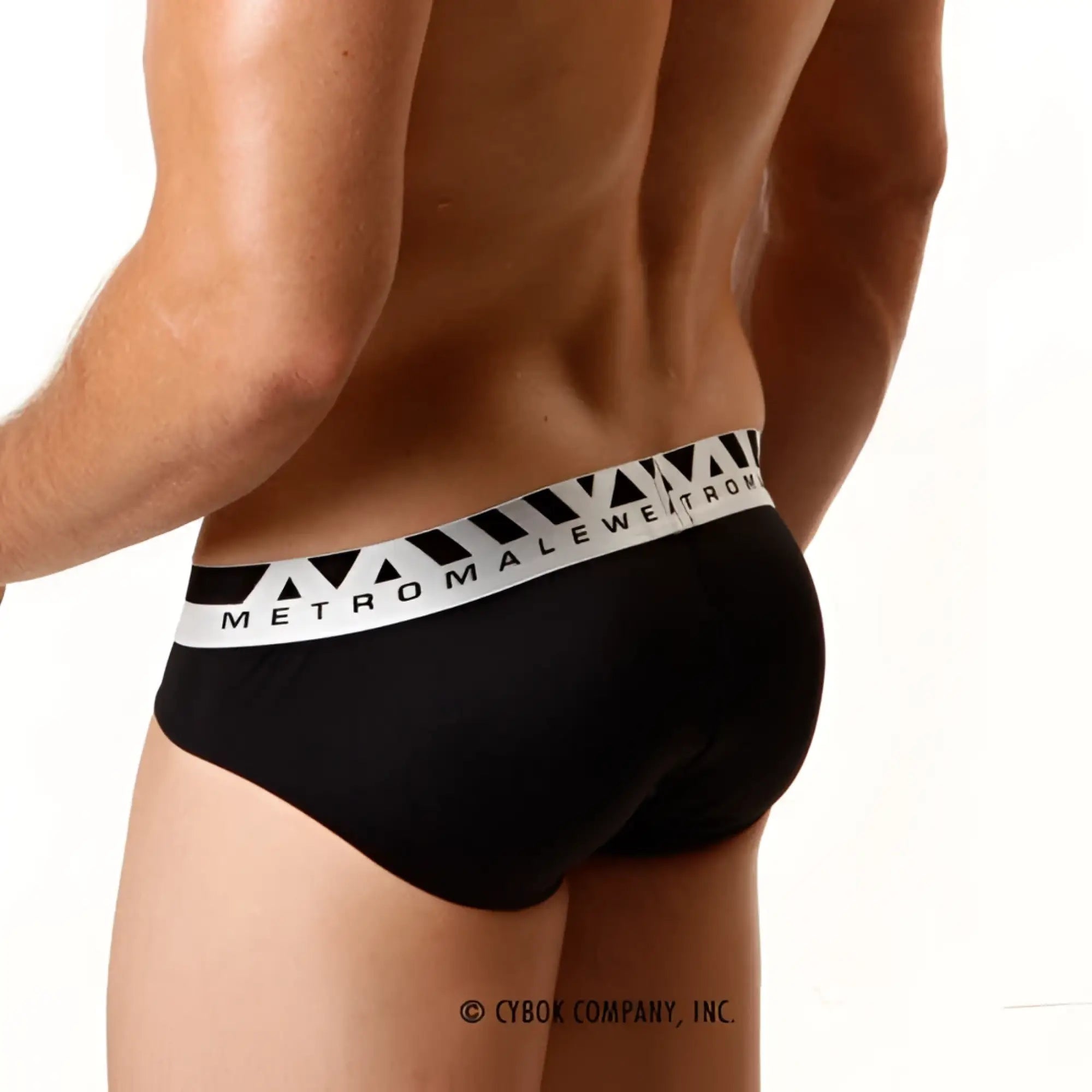 Black mens microfiber hip briefs with white metromale waistband and geometric triangle patterns model 5003-20
