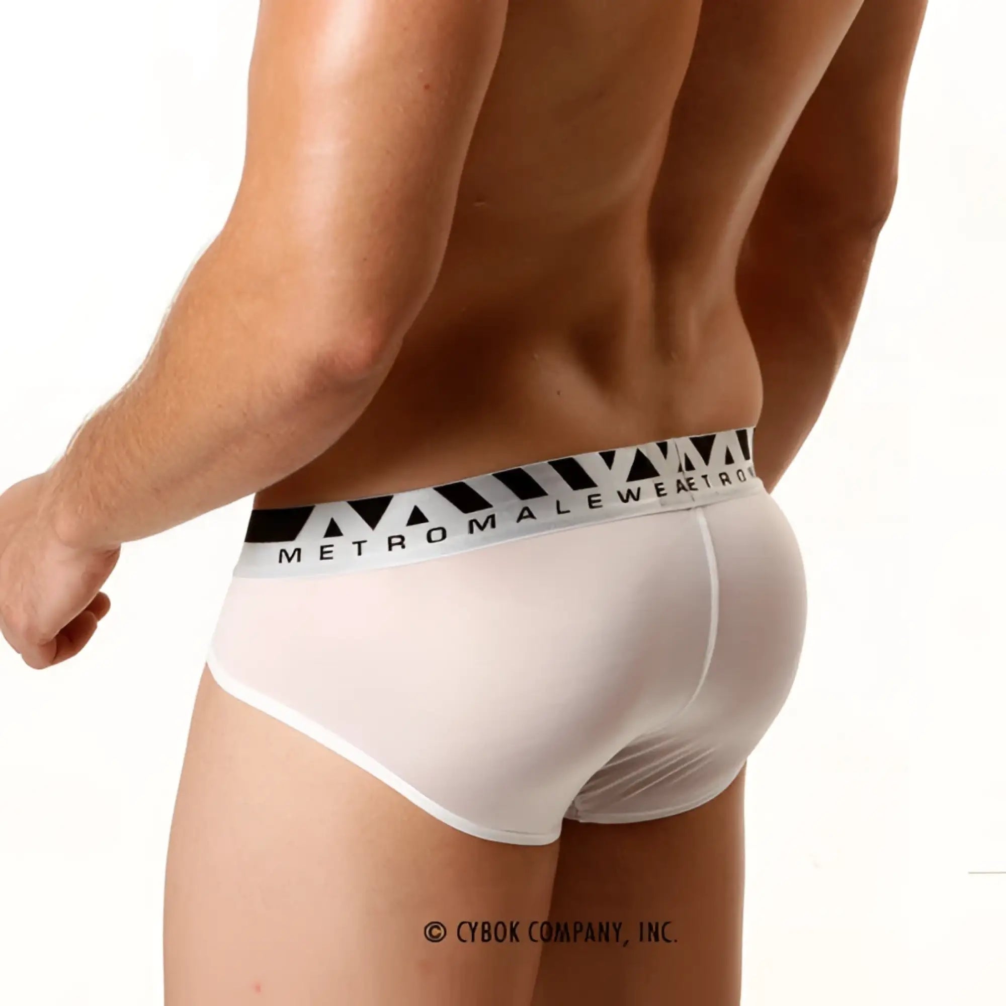 White microfiber hip briefs with a black and white geometric waistband featuring the metromalewear logo
