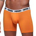 Orange microfiber men’s boxer briefs with white elastic waistband and black miliv branding metro male wear 2023-24