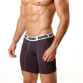 Dark gray microfiber athletic briefs with a white elastic waistband featuring black text by MetroMaleWear