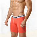 Orange microfiber men’s boxer briefs with white waistband featuring black metro male wear text 10 inch coral model