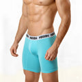 Turquiose microfiber athletic mid boxer briefs with 10 inch inseam and white waistband with black text from metromalewear