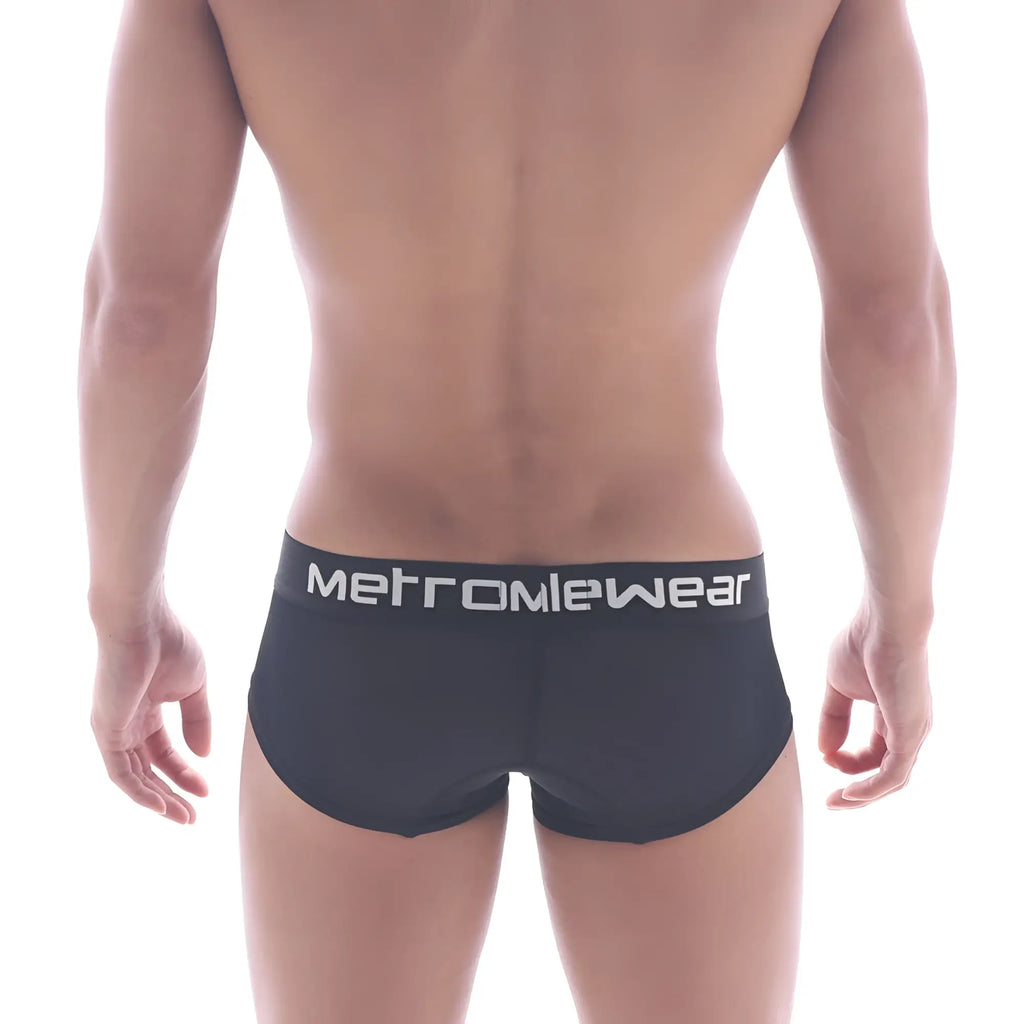 Black metromiewear microfiber mini boxer briefs with a white logo band for comfortable everyday wear