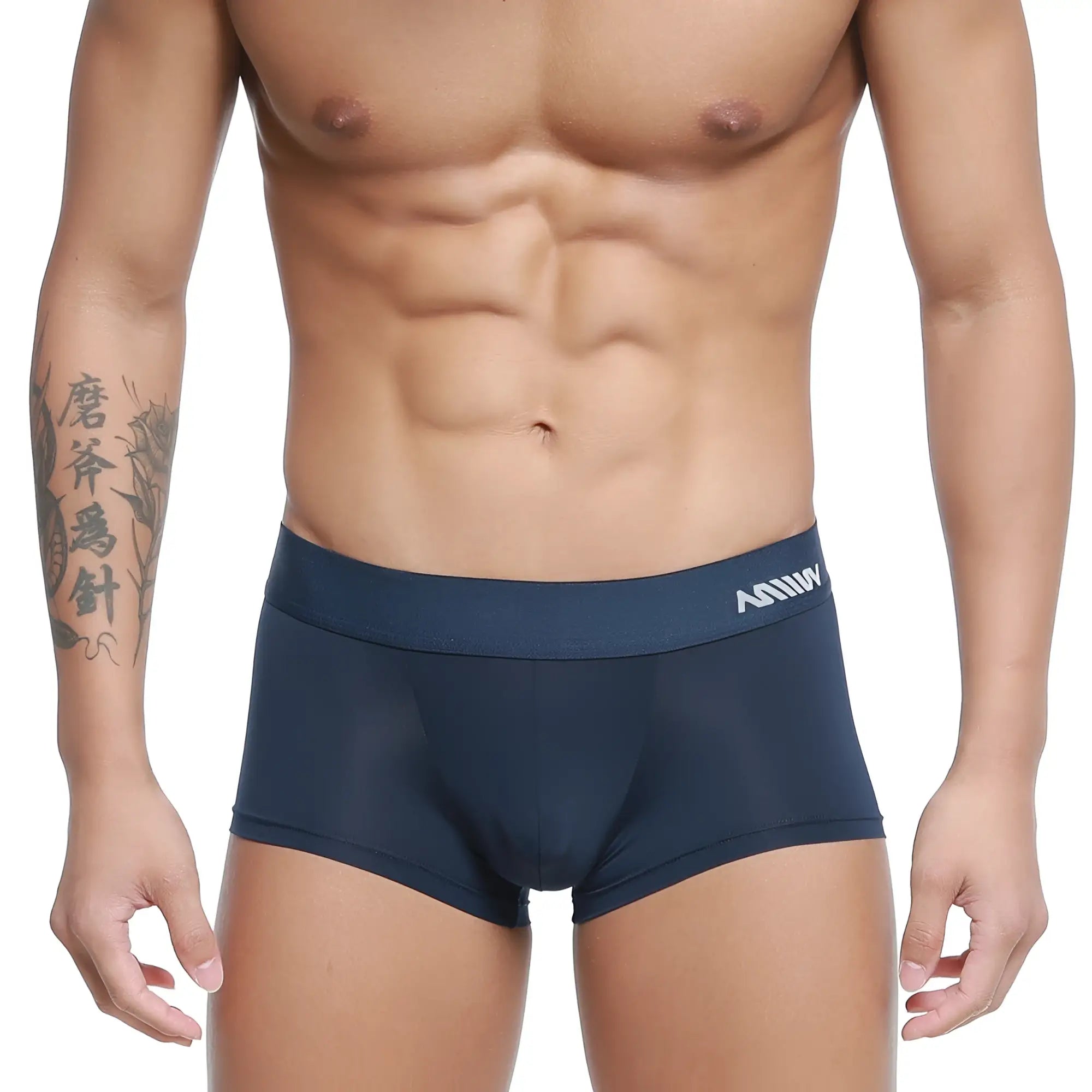 MetroMaleWear microfiber trunk dark blue navy stretch cotton briefs with white logo on waistband front side view