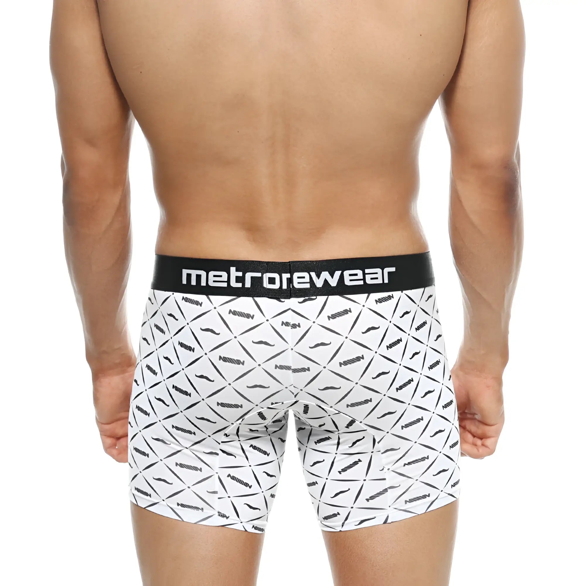 White boxer briefs with black mustache pattern and metrowear waistband metro male wear mid boxer caballero 10 inch 2023 03