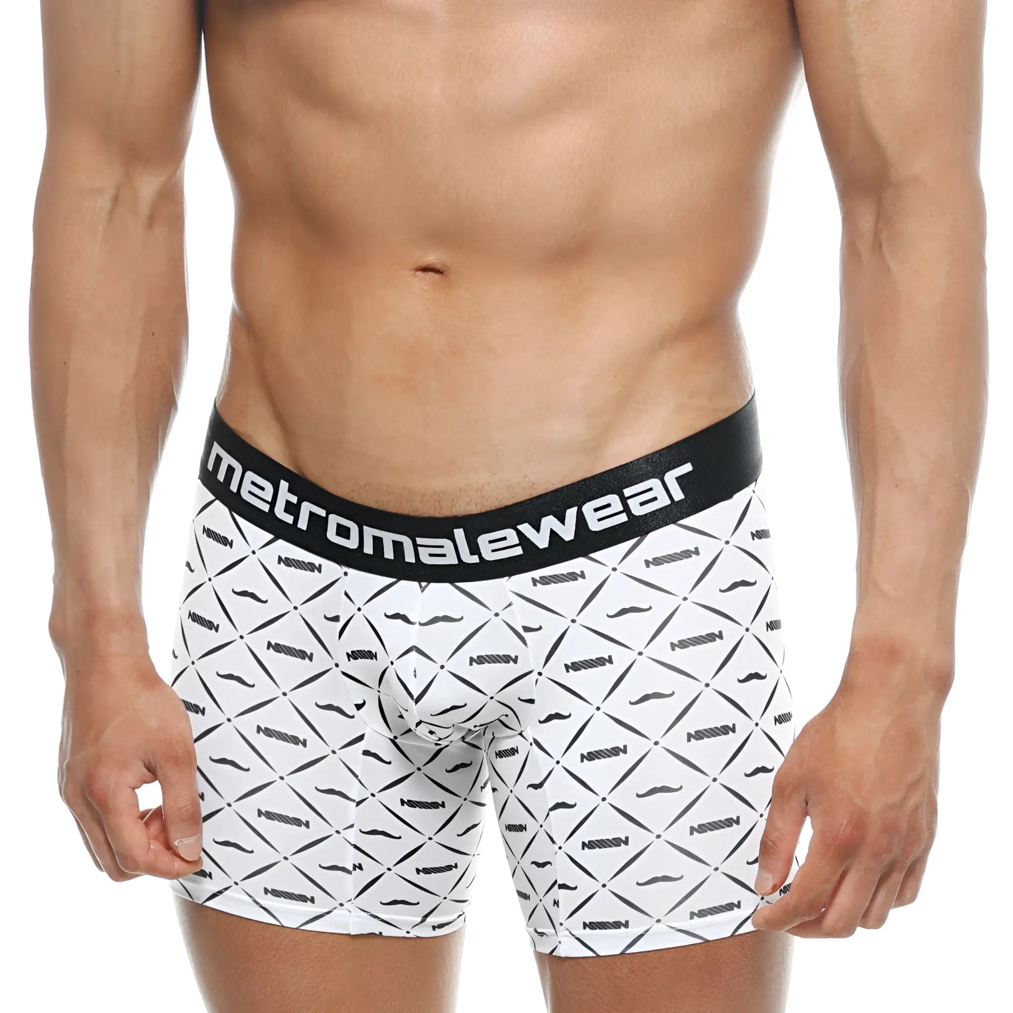 White men’s boxer briefs with black waistband featuring metromalewear logo and black mustache pattern on intersecting lines
