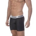 Black pinstripe boxer briefs with white elastic waistband and gray lettering from metromalewear mid boxer supremo 10inch 2023-42