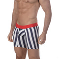 MetroMalewear mid boxer tension 10inch 2023-41 navy and white striped men’s boxer briefs with red elastic waistband