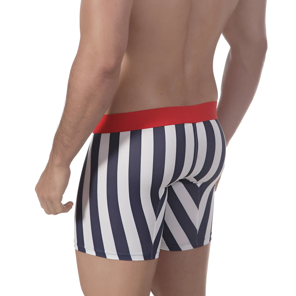 MetroMaleWear mid boxer tension 10 inch navy and white striped boxer briefs with red waistband for comfortable wear