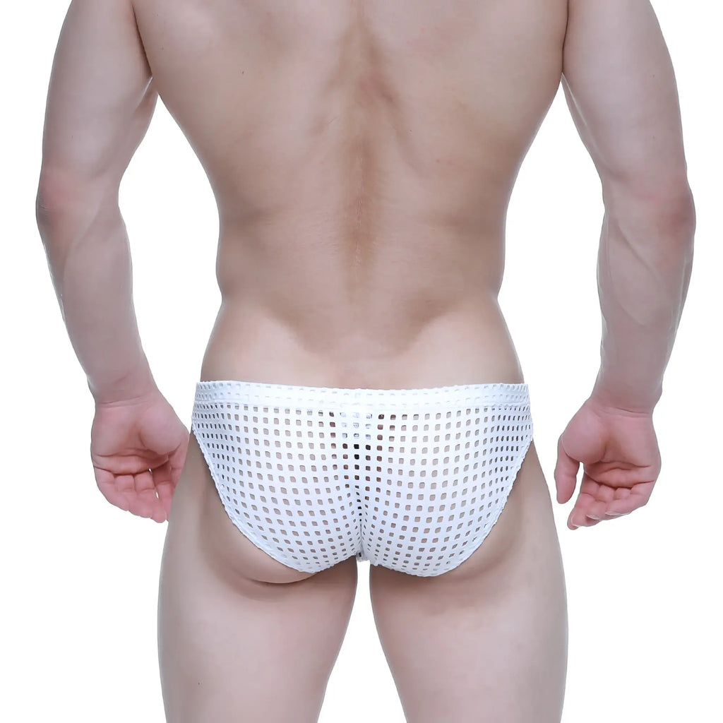White mesh briefs with a grid-like pattern from MetroMaleWear mild bikini 5103-M66 showing front view