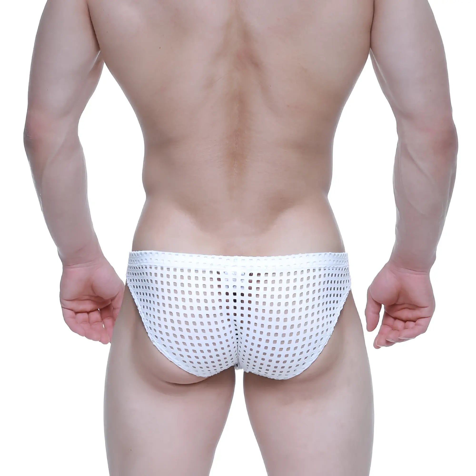 White mesh briefs with a grid-like pattern from MetroMaleWear mild bikini 5103-M66 showing front view