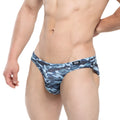 Blue and gray camouflage men’s briefs by metromalewear with a black logo waistband military bikini navy 5103-m92