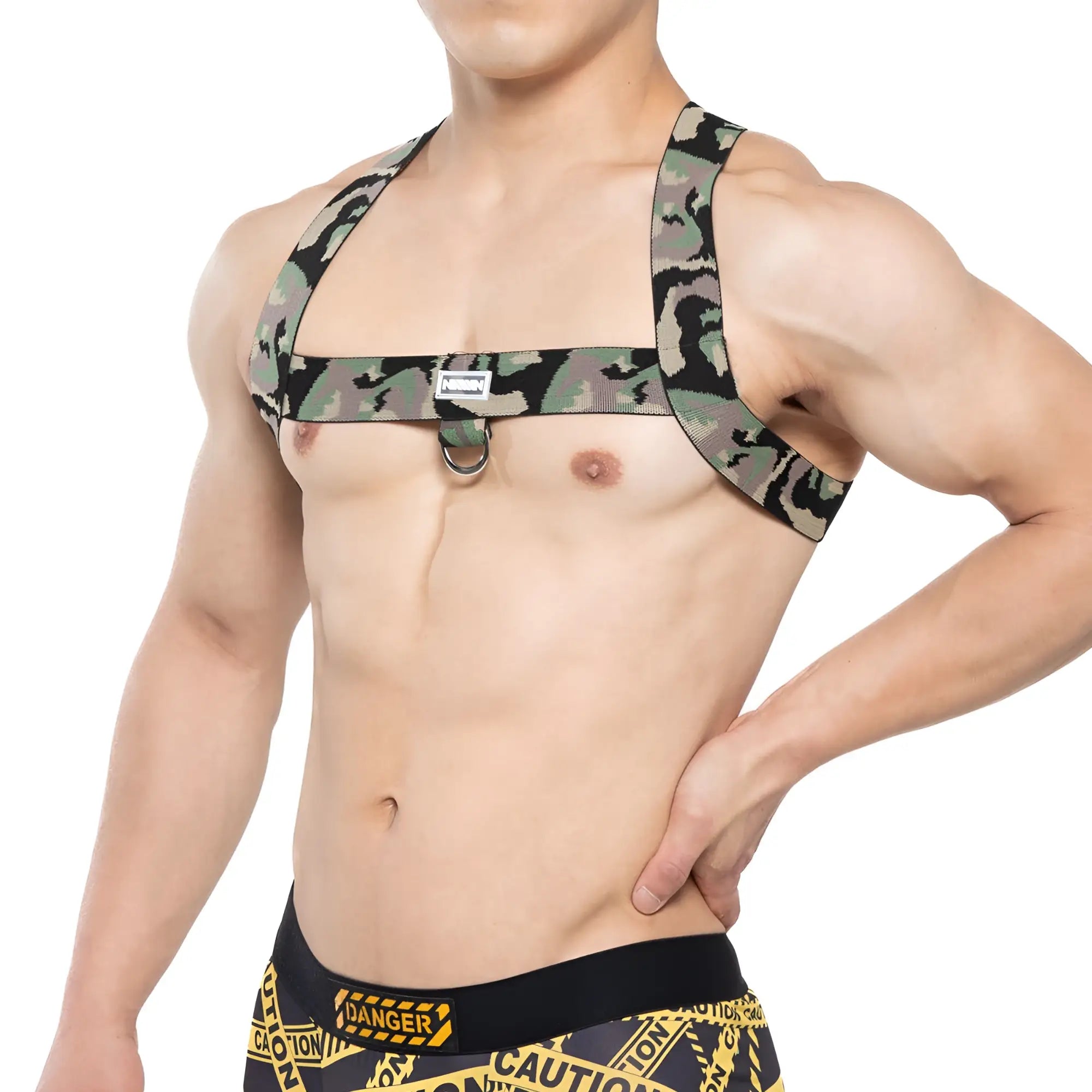Camouflage-patterned metroMalewear military harness in black and green stretchy fabric for comfortable wear