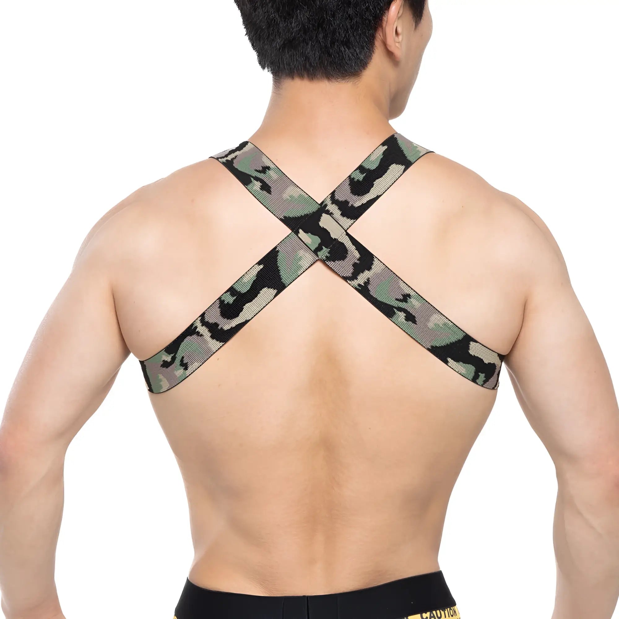 Back view of metromalewear military harness 1400-60 with camouflage-patterned elastic straps for secure fit