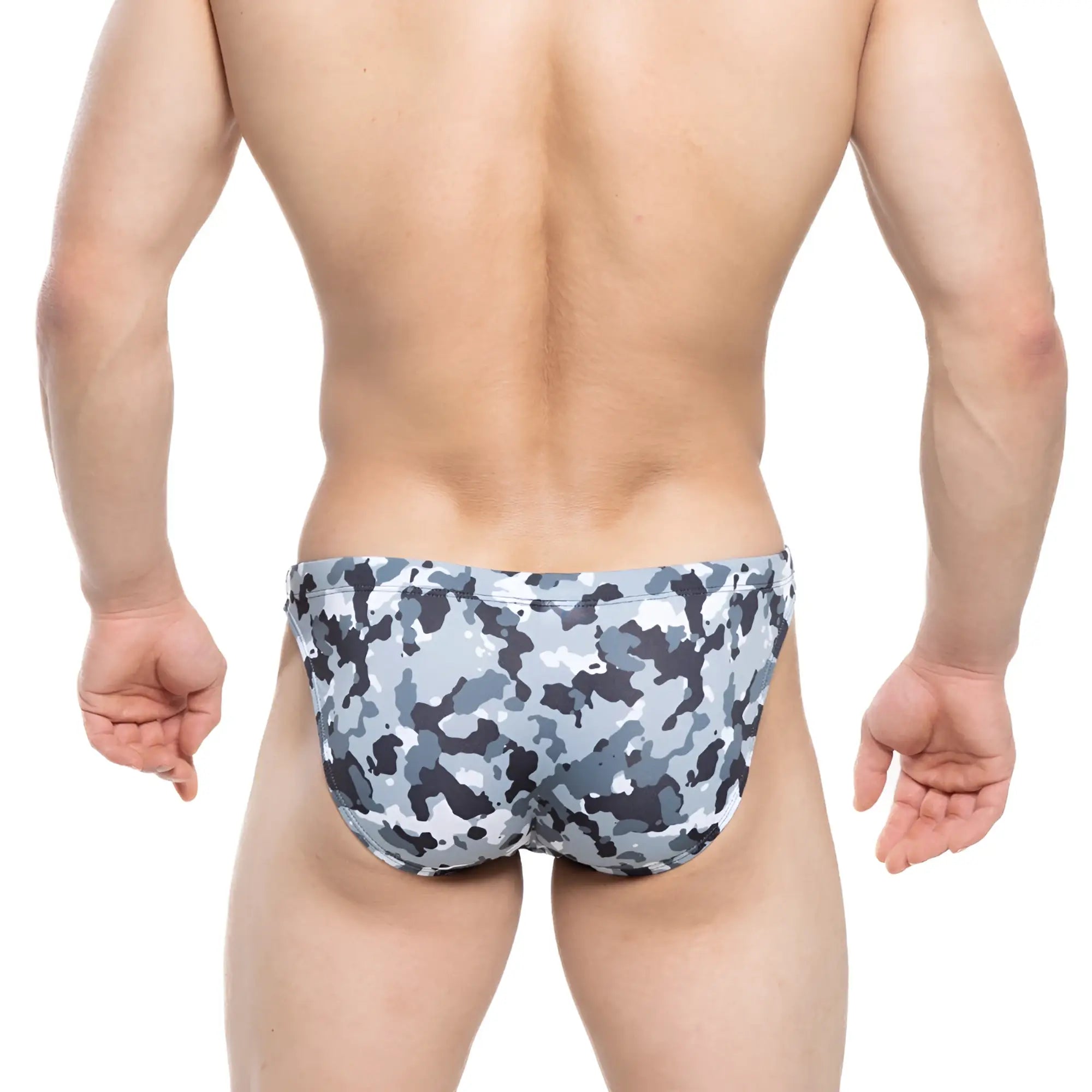 Gray and black camouflage-patterned swim bikini by metromalewear designed for military style and beach use
