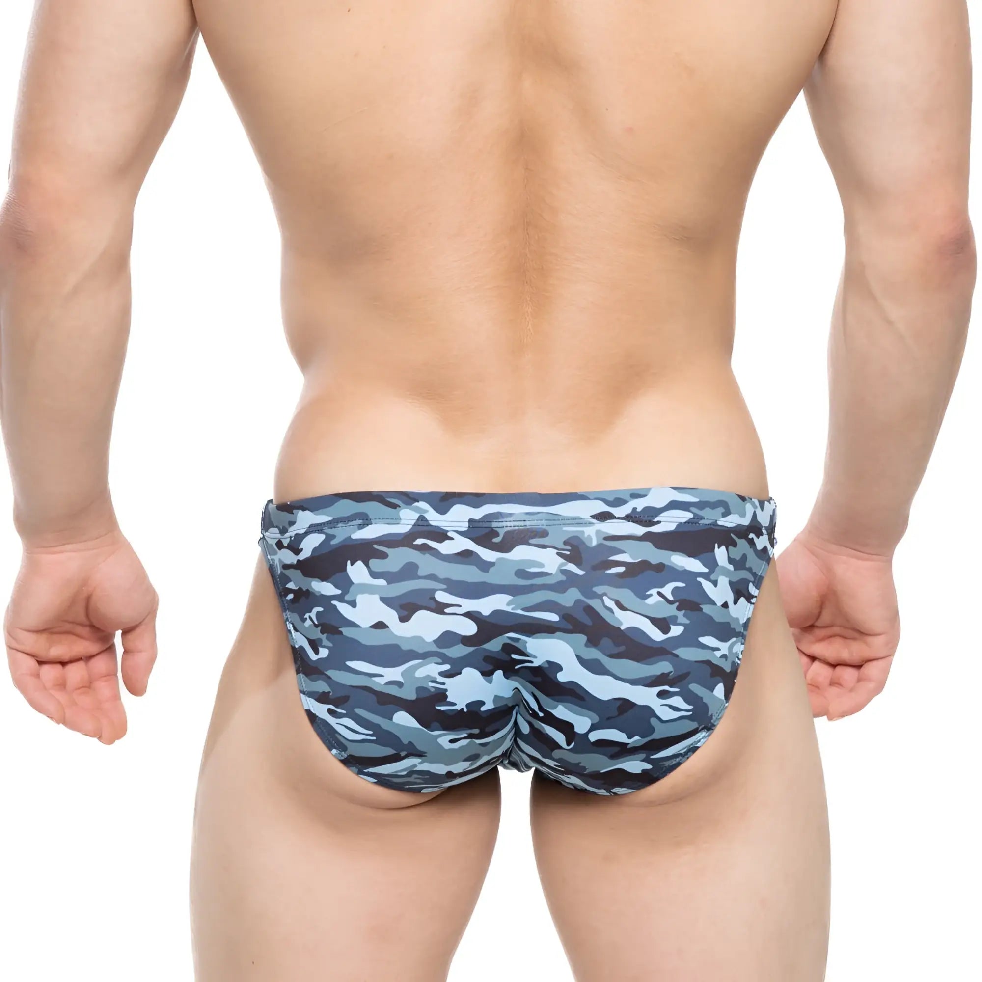 Metro malewear military swim bikini navy 4937-92 blue and gray camouflage patterned swim trunks front view