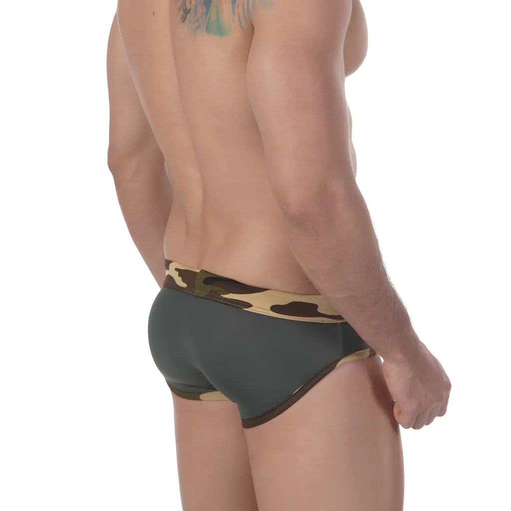 Dark gray metroMalewear military swim briefs with camouflage waistband and trim designed for active use
