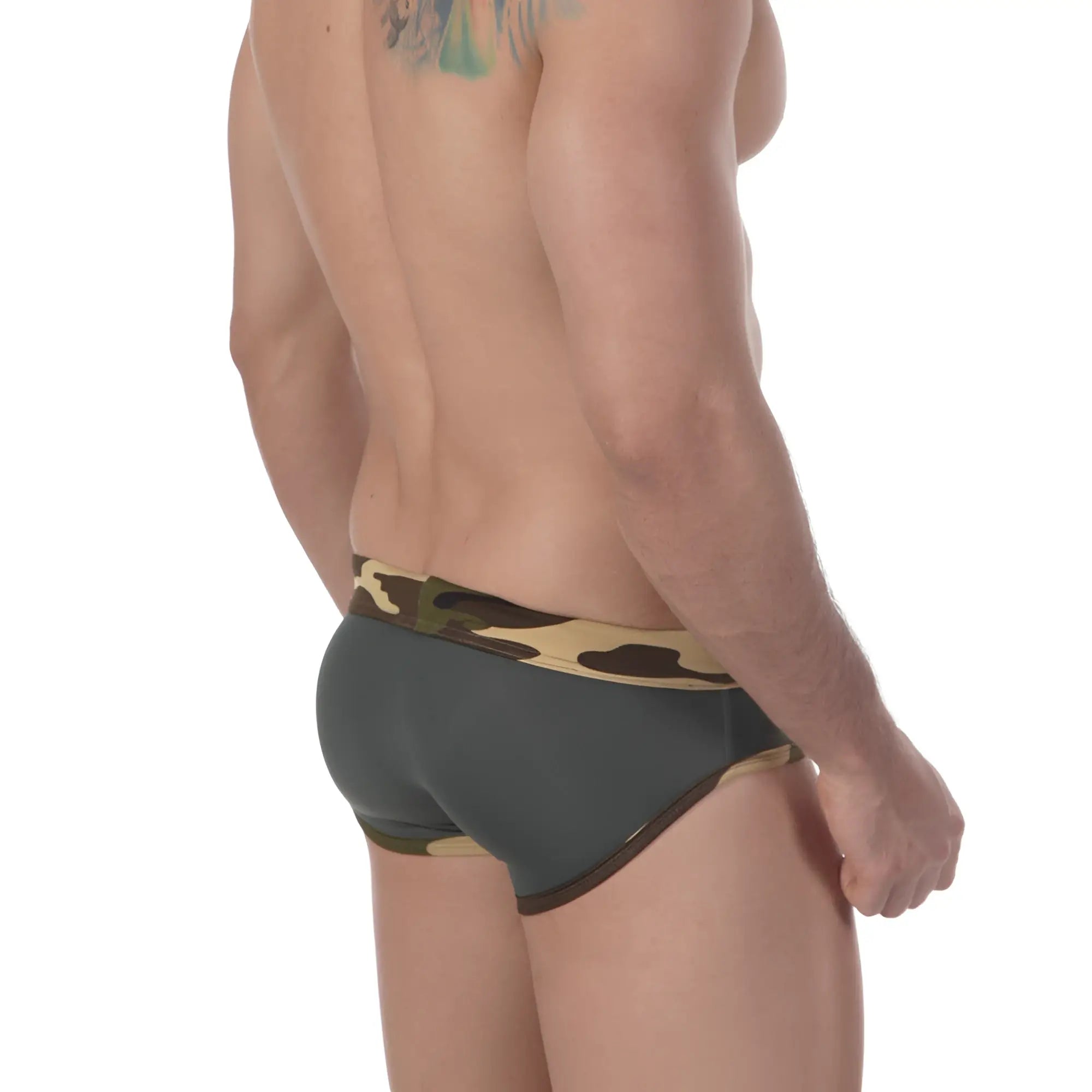 Dark gray metroMalewear military swim briefs with camouflage waistband and trim designed for active use