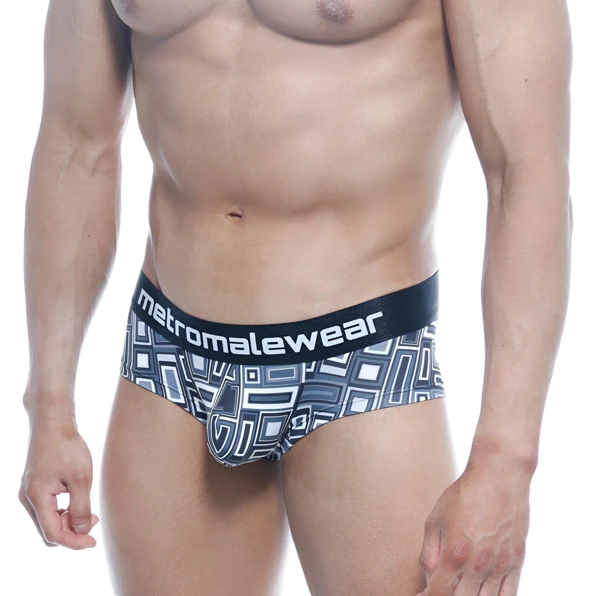 Black and white geometric patterned men’s briefs with branded elastic waistband from MetroMaleWear mini cheek boxer Basalto 2025-23