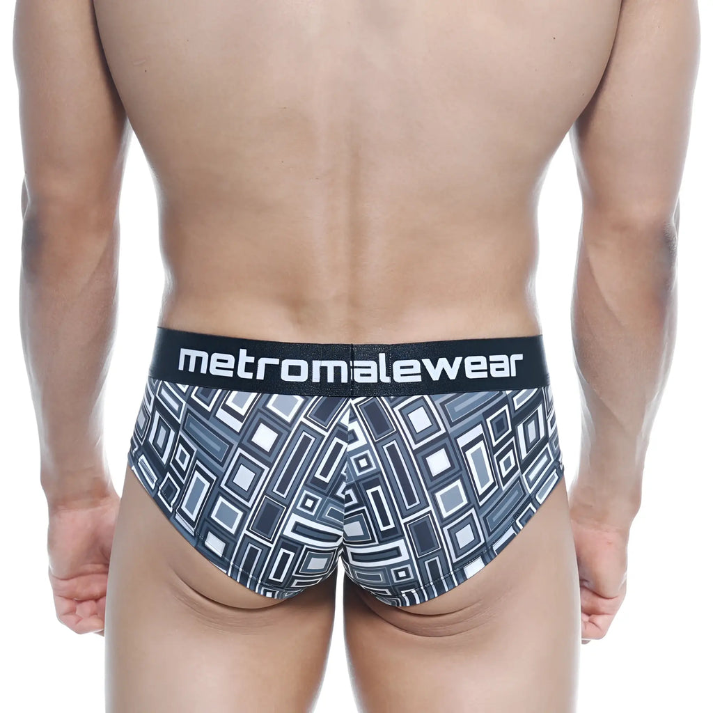 Black and white geometric patterned mens briefs with a branded waistband from MetroMaleWear mini cheek boxer Basalto 2025-23
