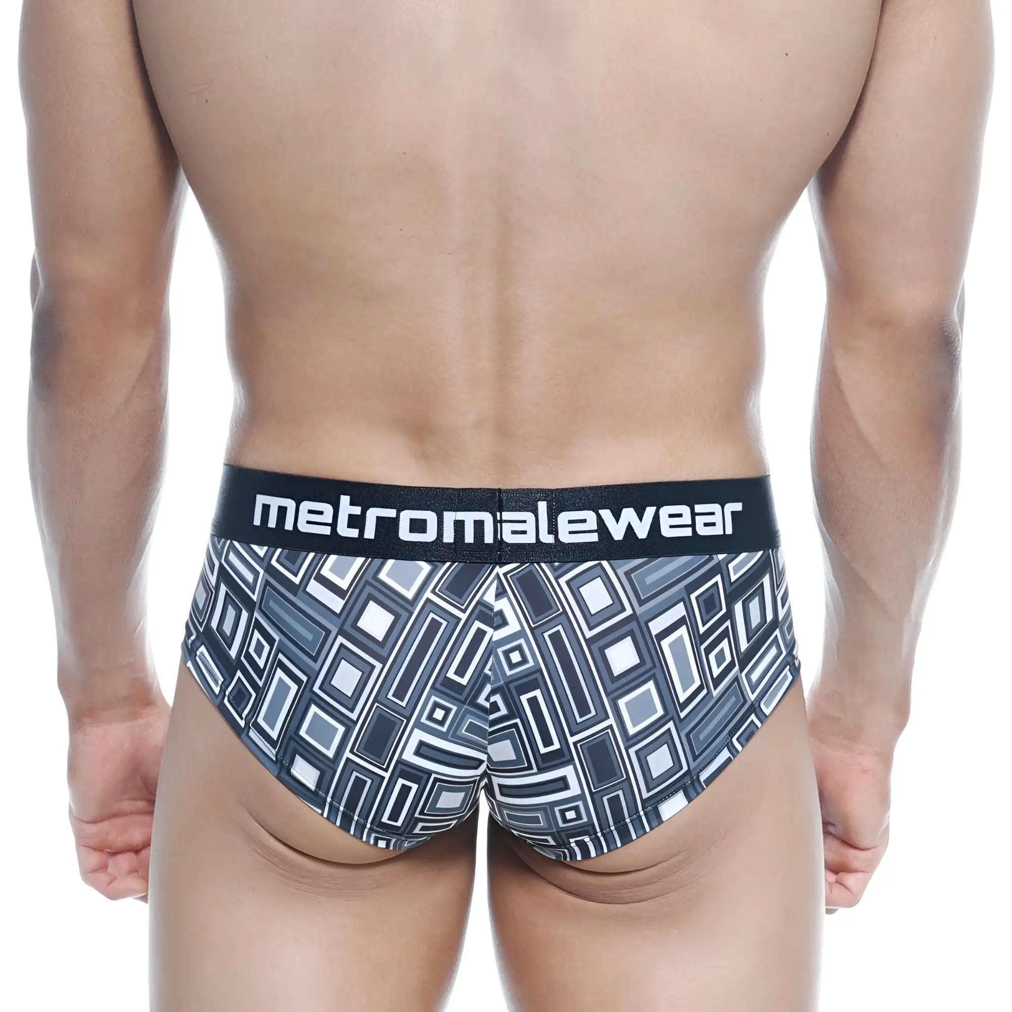 Black and white geometric patterned mens briefs with a branded waistband from MetroMaleWear mini cheek boxer Basalto 2025-23