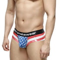American flag themed men’s mini cheek boxer briefs with distressed design and black etromalewear waistband