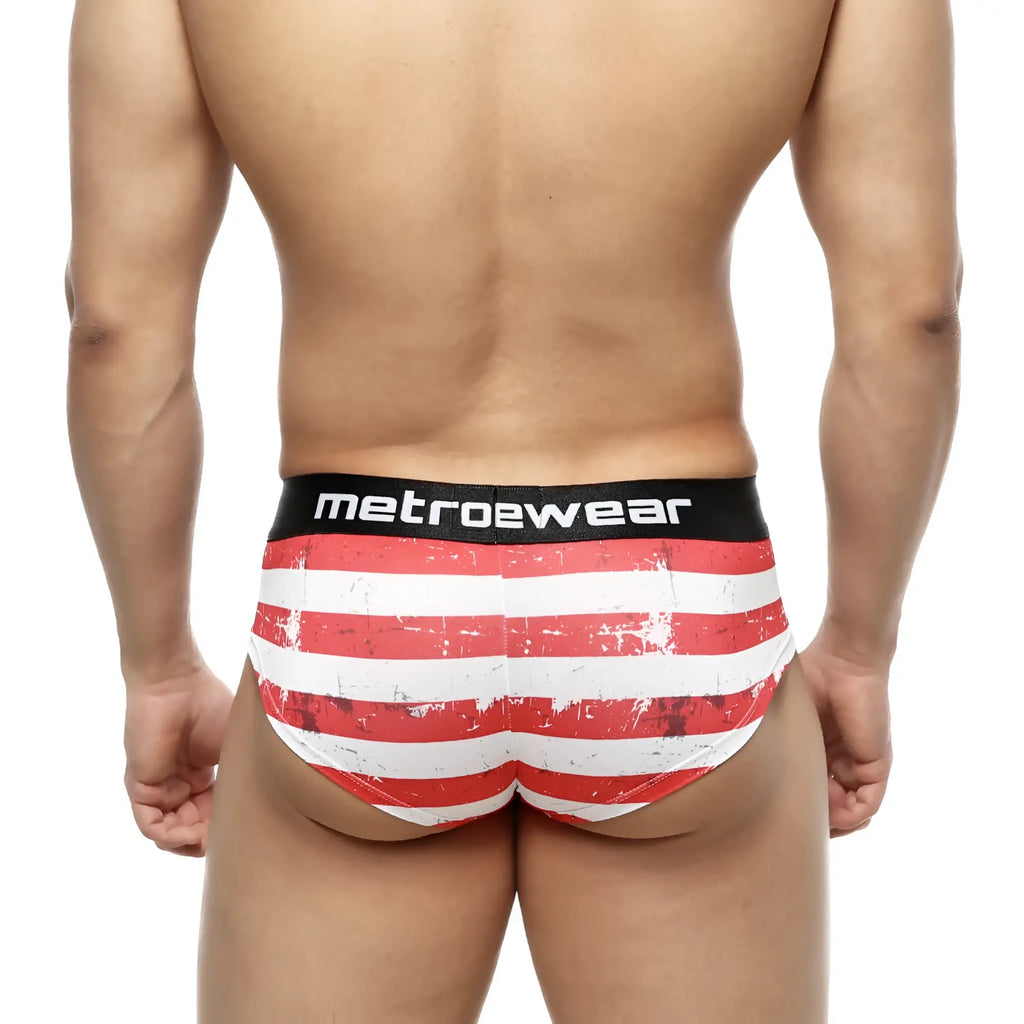 Red and white striped distressed men’s briefs with black metroewear waistband metroMalewear mini cheek boxer batalla 2025-92
