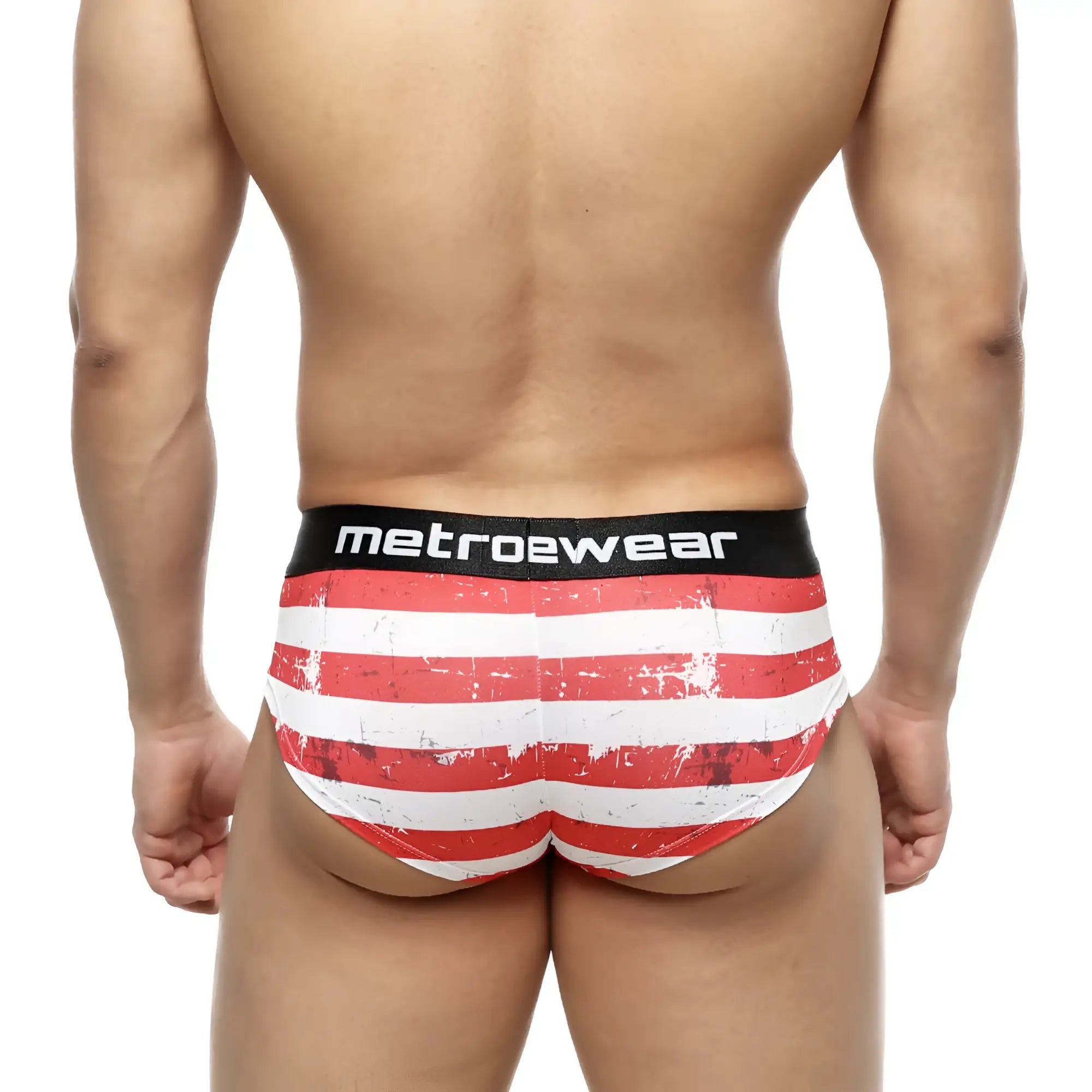 Red and white striped distressed men’s briefs with black metroewear waistband metroMalewear mini cheek boxer batalla 2025-92