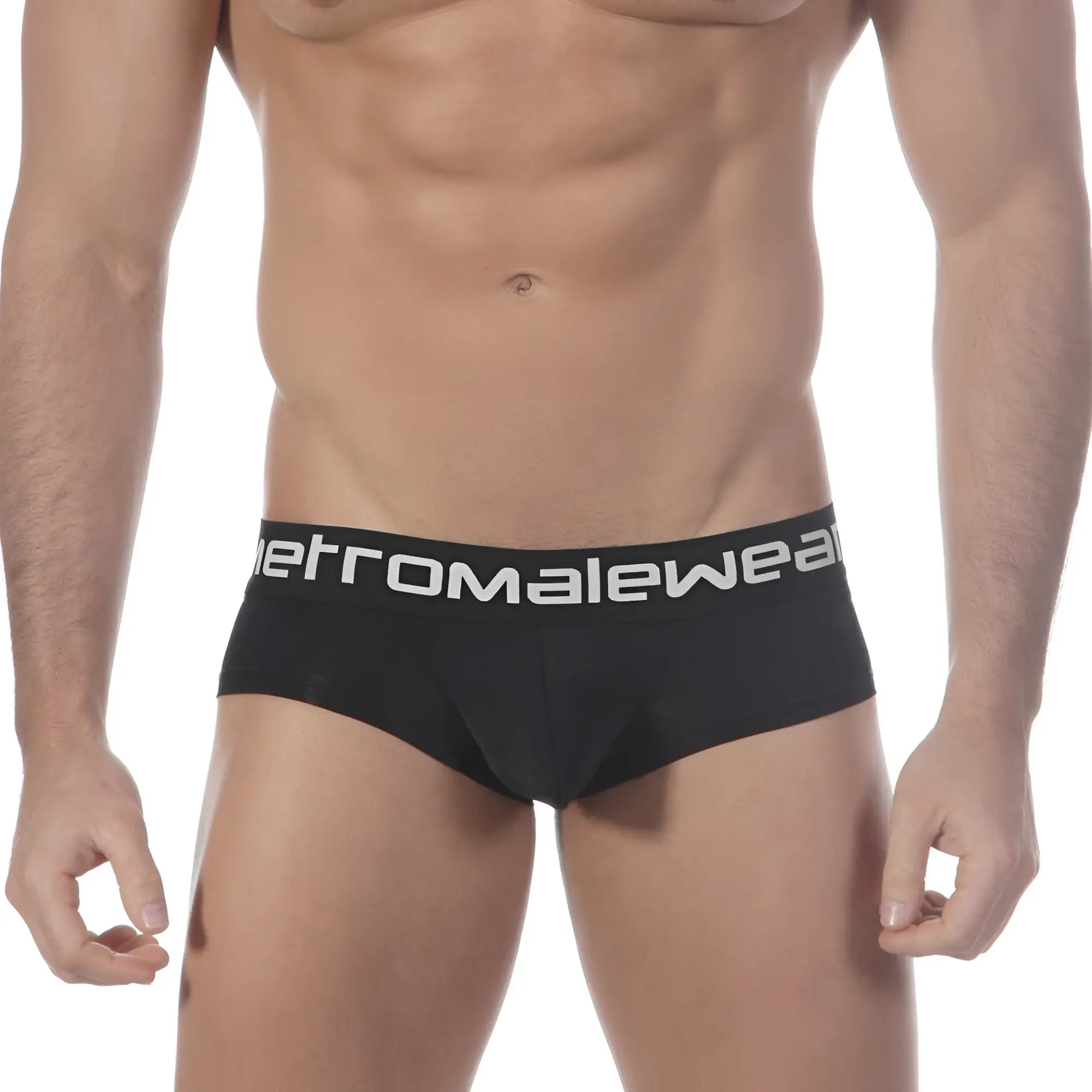 Black mens briefs with a white herromalewear logo band metroMalewear mini cheek boxer black 2025-20