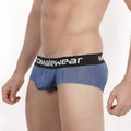 Blue denim-textured men’s briefs with black elastic waistband and white momalewear branding metroMaleWear 2025-55