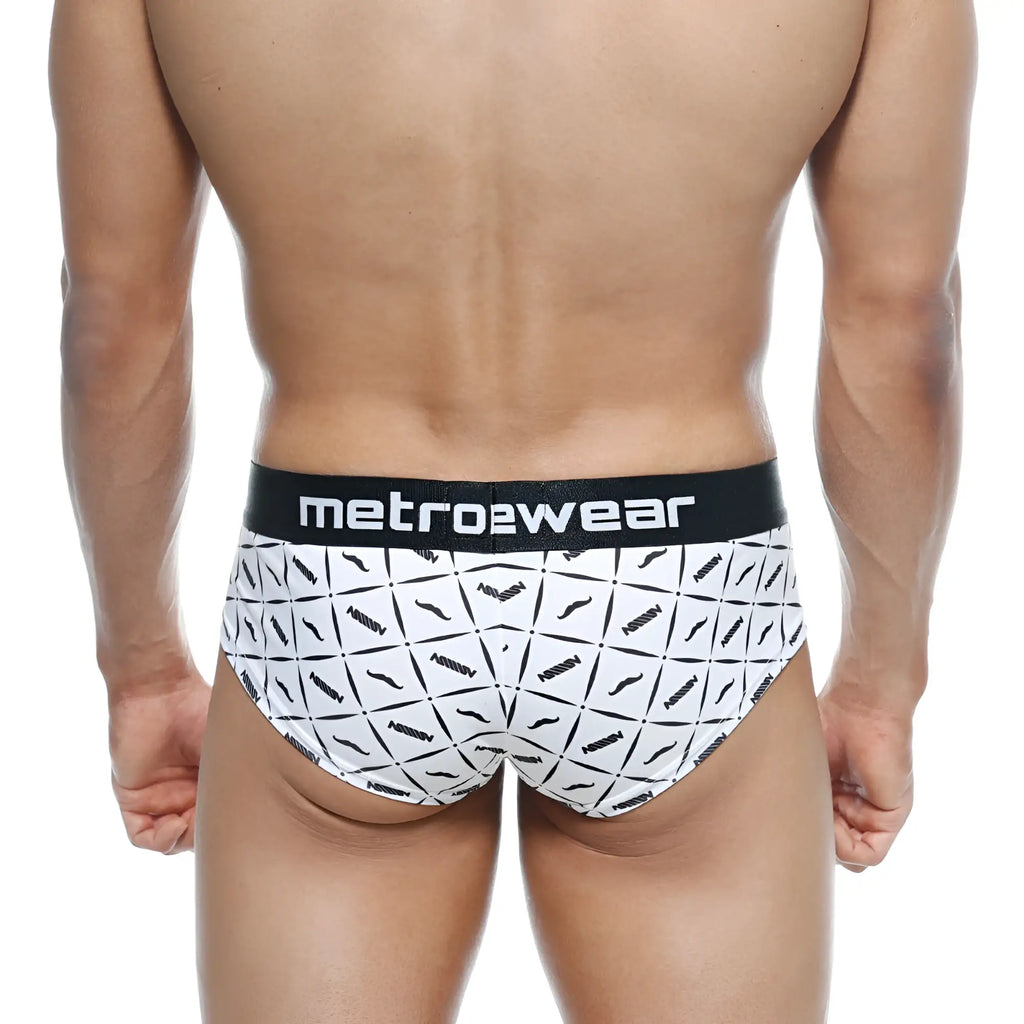 White briefs with black geometric mustache pattern and metrowear waistband from metromalewear mini cheek boxer 2025-04