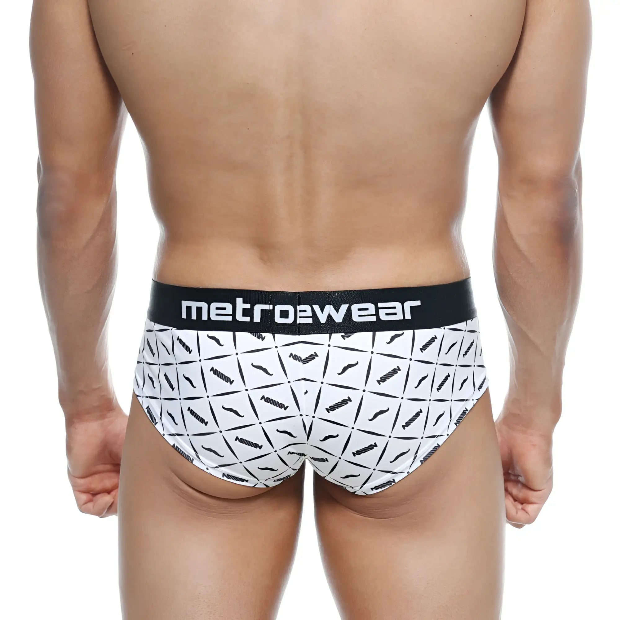 White briefs with black geometric mustache pattern and metrowear waistband from metromalewear mini cheek boxer 2025-04