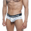 White briefs with black metromalewear waistband and repeating mustache patterns metro malewear mini cheek boxer caballero