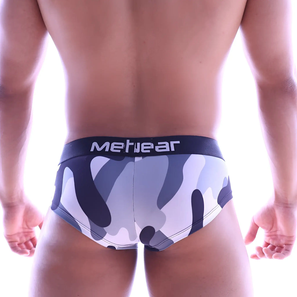 Gray and white camouflage mens briefs with black metgear waistband from MetroMaleWear Mini Cheek Boxer 2025-90