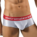 MetroMaleWear mini cheek boxer chrome briefs in silver metallic with red waistband and white logo lettering
