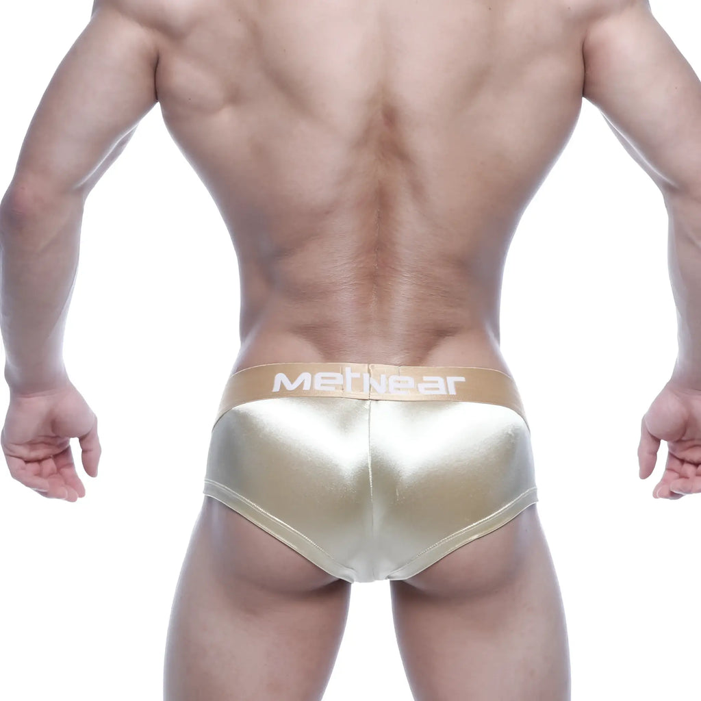 Gold metallic brief boxer with beige waistband featuring mennear branding metro malewear mini cheek empire 2025 22