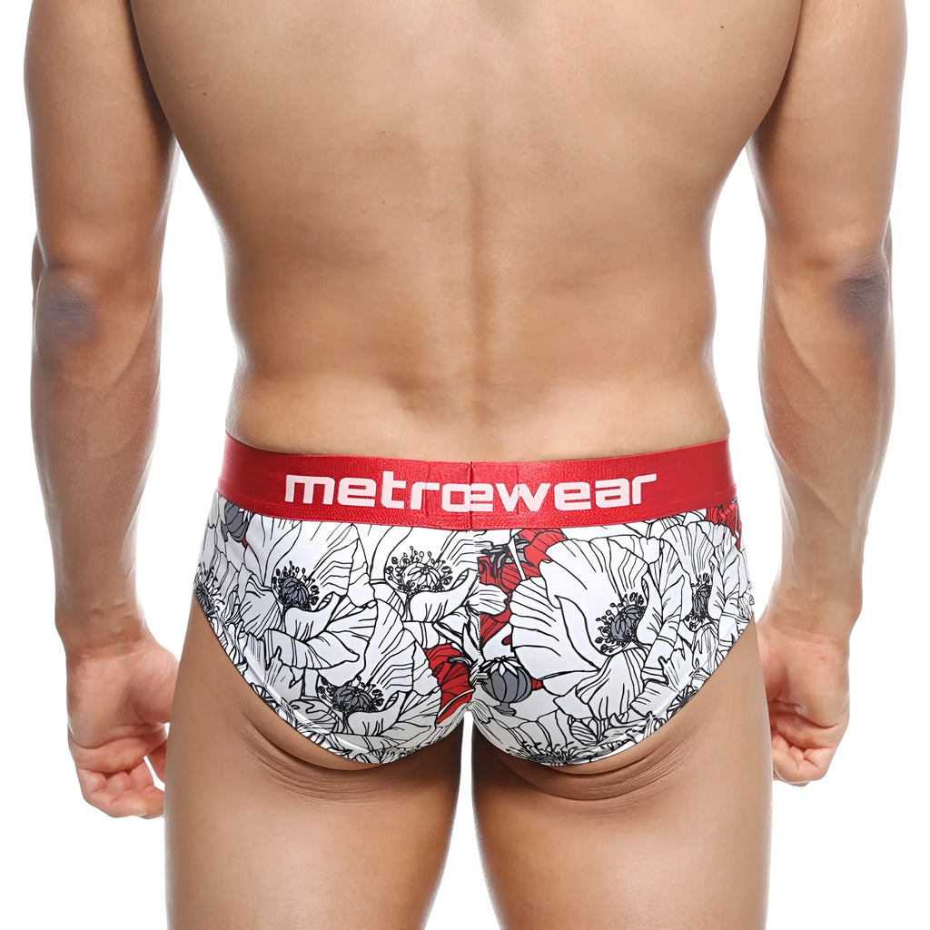 Men’s white and red floral-patterned briefs with bold red metrewear waistband metro male wear mini cheek boxer