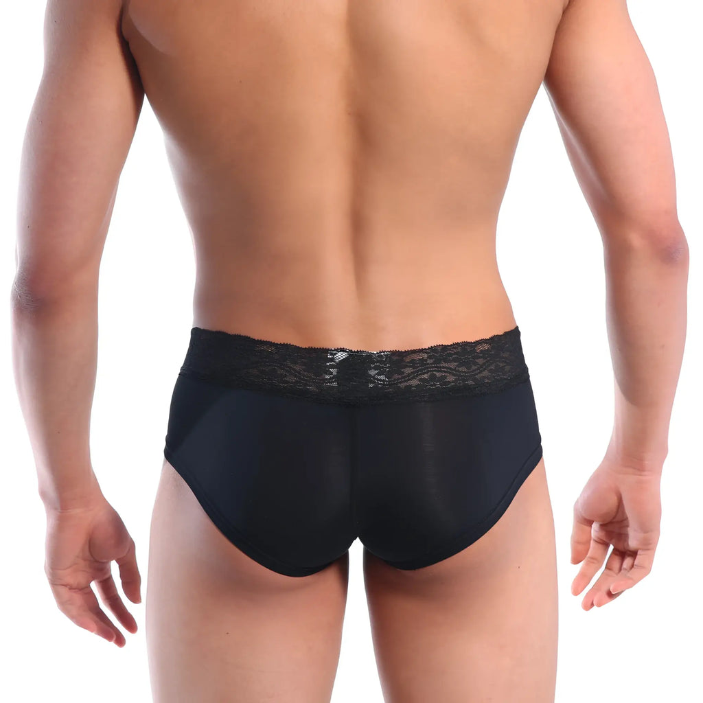 Black lace-trimmed mini cheek boxer briefs in sheer form-fitting fabric from MetroMaleWear in black