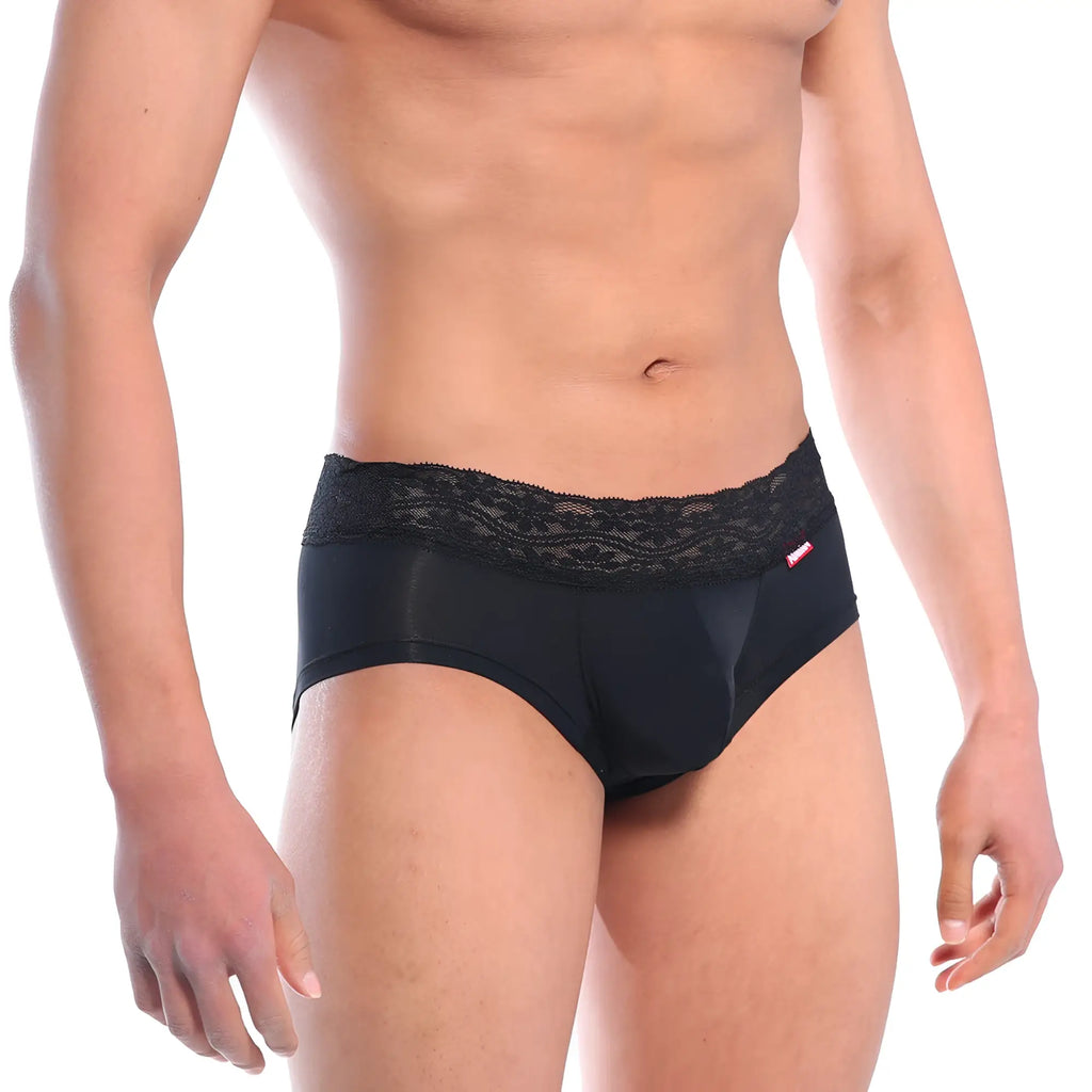 Black lace-trimmed metro malewear mini cheek boxer briefs in smooth fabric with subtle red brand tag