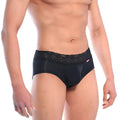Black lace-trimmed metro malewear mini cheek boxer briefs in smooth fabric with subtle red brand tag