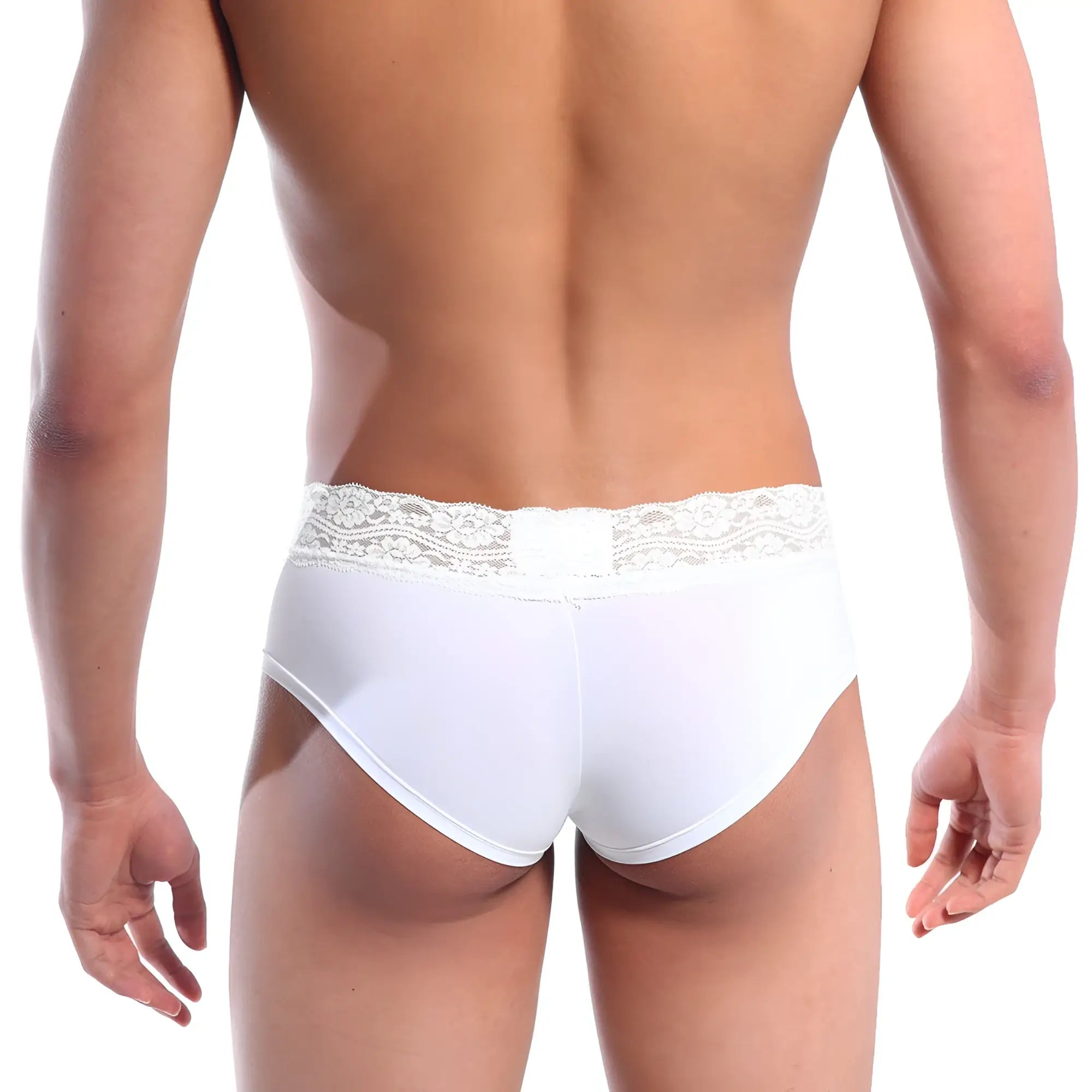 White lace-trimmed metroMalewear mini cheek boxer briefs in white showcasing delicate lace detail