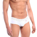 White lace-trimmed mens briefs with a smooth form-fitting design from metromalewear mini cheek boxer lace white 2025-70