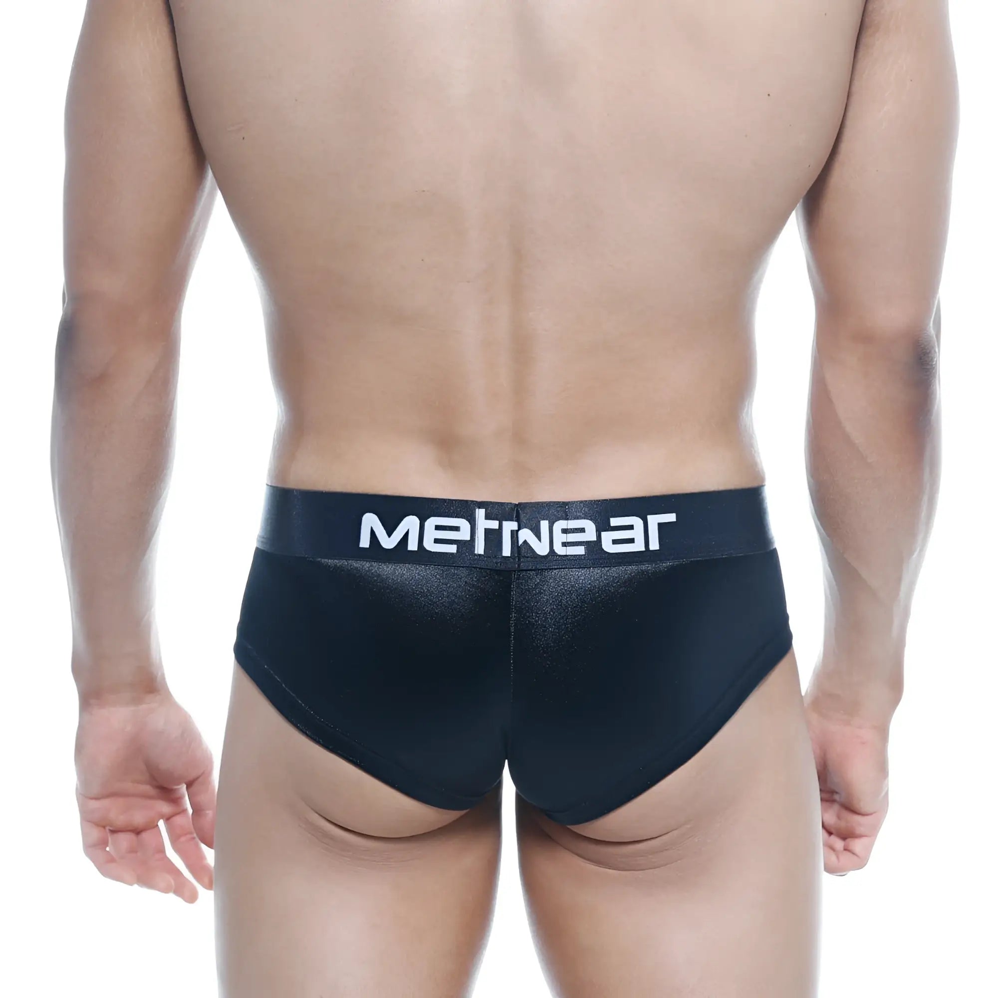Black metwear briefs with shiny textured fabric and white logo on waistband metro malewear mini cheek boxer metal